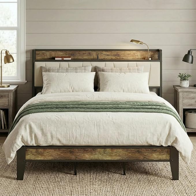 LIKIMIO California King Bed Frame, Storage Headboard with Charging Station, Solid and Stable, Noise Free, No Box Spring Needed, Easy Assembly (Walnut and Beige)