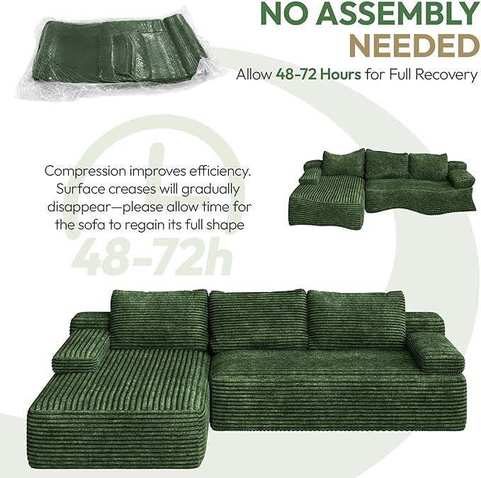 Yaheetech 110" Modular Sectional Sofa Corduroy Boneless Couch with Chaise L-Shape Cloud Couch with Detachable Pillows No Assembly Sofa for Living Room, Green