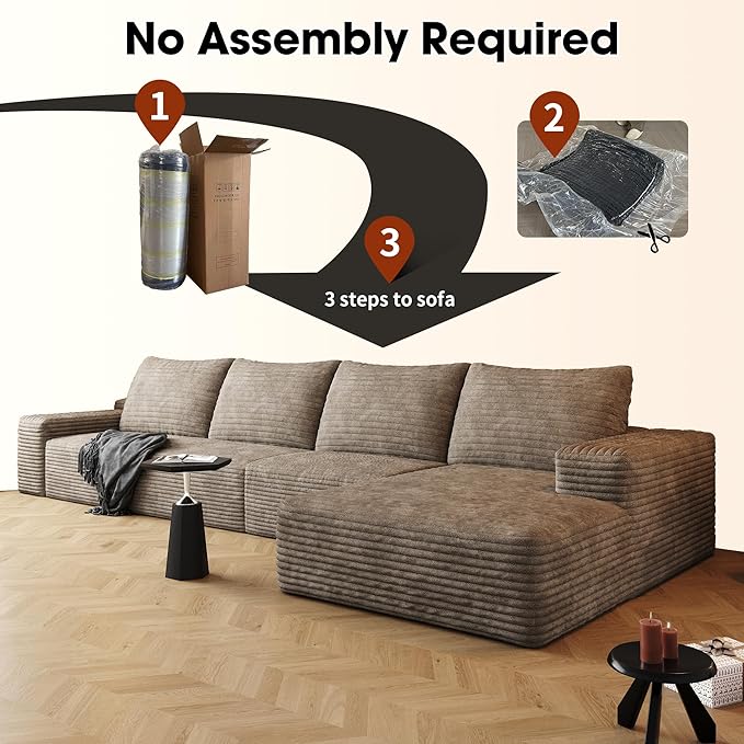 136" Sectional Couches for Living Room Cloud Couch Sofa with L-Shape Upholstered Boneless Couchs Modern Modular Sectional Couch with Chaise (Camel, 136" Right Facing Chaise+3Seaters)
