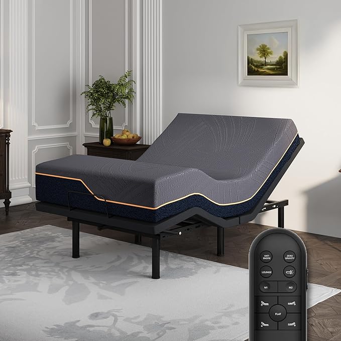 Dyonery Twin XL Adjustable Bed Frame with Mattress, 14 Inch Copper-Gel TwinXL Memory Foam Mattress with Wireless Remote Bed Base, Head & Foot Incline, 750lbs Lift Capacity