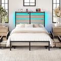 Rolanstar Full Size Bed Frame with 4 Drawers, LED Lights and Charging Station, Metal Platform Bed with Storage Headboard, Noise Free, Easy Assembly, No Box Spring Needed, Light Grey