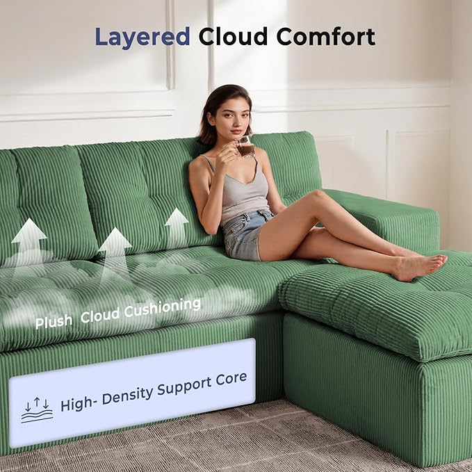 Cloud Sectional Boneless Sofa with Ottoman, Modular L Shaped Couch with Layered Cushion, Fluffy Comfy Couches for Living Room, No Assembly, Green