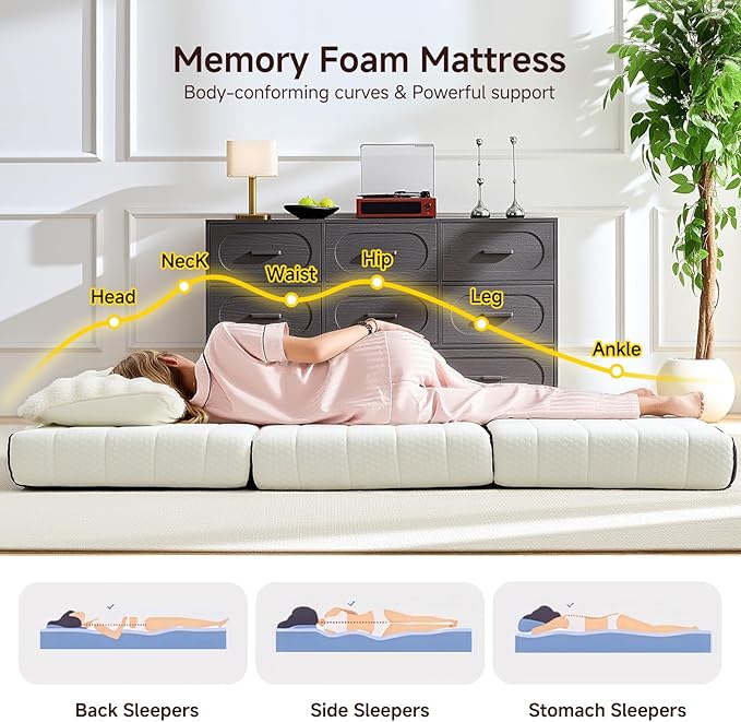 ROXGOX Foldable Mattress, Queen Tri-Fold Memory Foam Mattress Topper with Washable Cover, Handle & Non-Slip Bottom, 4 Inch Portable Folding Bed for Guest, Yoga, Living Room, Camping - 78"x58"x4"