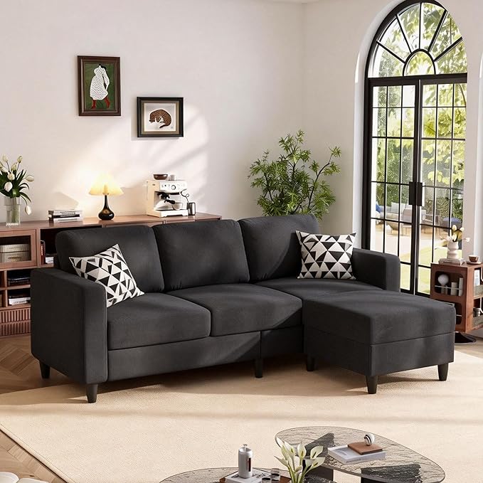 73" Sectional Sofa Couch for Living Room, Black Convertible L Shaped Sofa with Reversible Ottoman, 8" Extra Thick High-Density Cushions, Modern Velvet Fabric 3 Seater Sofa for Small Space