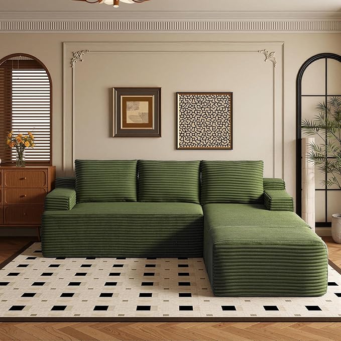 96" Sectional Couches for Living Room Cloud Couch Sofa with L-Shape Upholstered Boneless Couchs Modern Modular Sectional Couch with Chaise (Green, 96" W+Right Facing Chaise+2Seaters+Ottoman)
