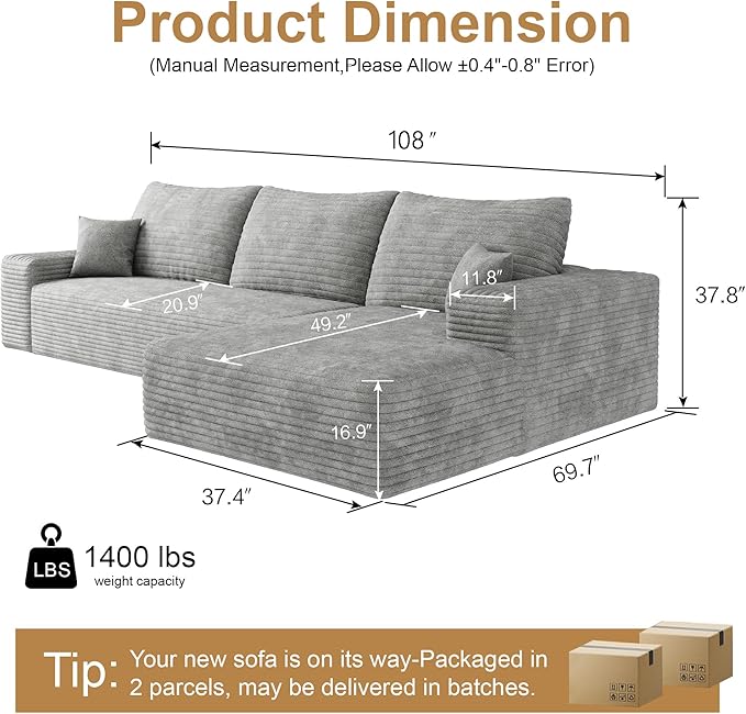 108" Sectional Couches for Living Room Cloud Couch Sofa with L-Shape Upholstered Boneless Couchs Modern Modular Sectional Couch with Chaise (Grey, 108" Right Facing Chaise+2Seaters)