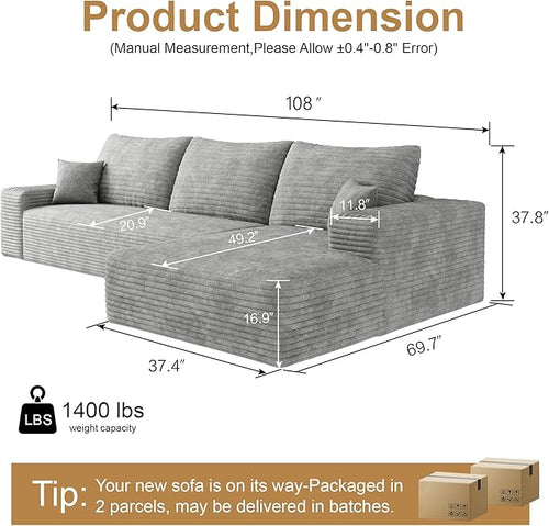 108" Sectional Couches for Living Room Cloud Couch Sofa with L-Shape Upholstered Boneless Couchs Modern Modular Sectional Couch with Chaise (Grey, 108" Right Facing Chaise+2Seaters)