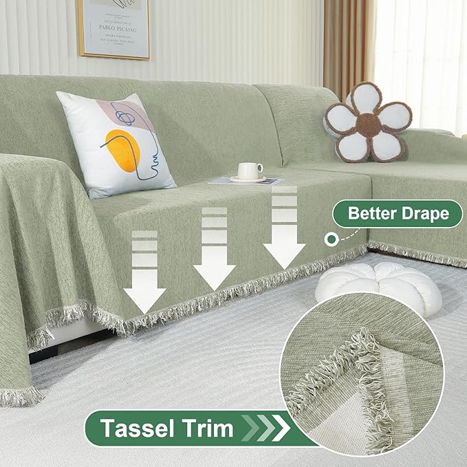 OstepDecor Sectional Couch Covers 2 Pieces, L Shaped Sofa Cover, Chenille Couch Cover for Dogs Washable, Couch Cover Blanket, Sofa Slipcover for 2-3 Cushion Couch (71"x118"+71"x118", Sage Green)