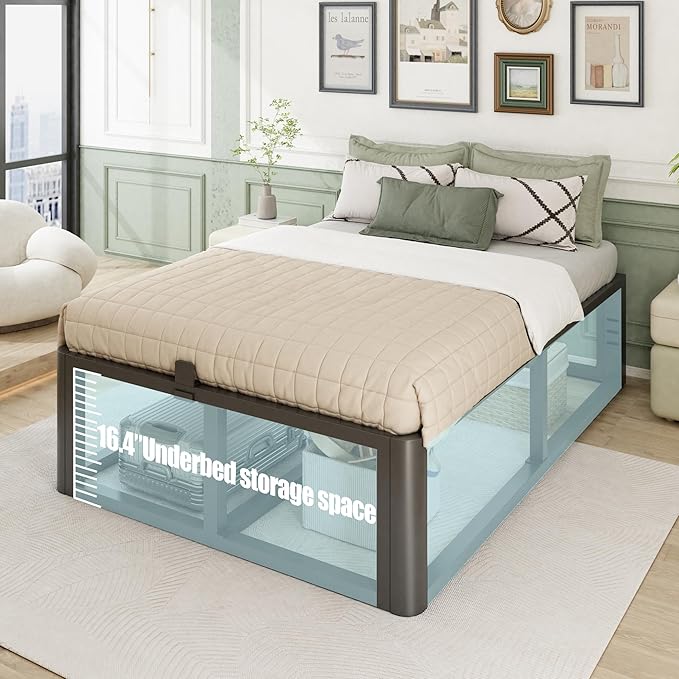 Firpeesy Metal Heavy Duty 18 inch California King Bed Frame with Rounded Corner and Headboard Hole Mattress Retainers 3500 LBS No Box Spring Needed Platform Noise Free Easy Assembly