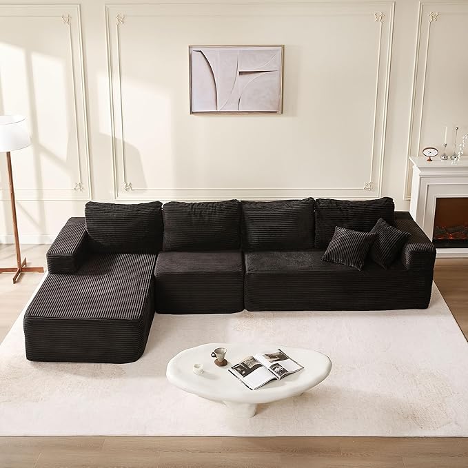 138" Boneless Couch with Deep Seat, Set of Modular Sectional Sofa, Cloud Sectional Couch for Living Room, No Assembly Required, Corduroy, 4 Seater L-Shape Left, Black