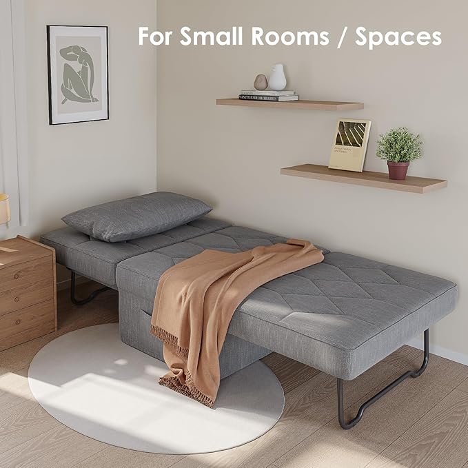 Convertible Sofa Bed with 5-Level Adjustable Backrest, 70" D x 34" W 4-in-1 Folding Ottoman Sleeper Chair Bed, Modern Single Futon Couch for Living Room Apartment Dorm Small Space, Light Grey