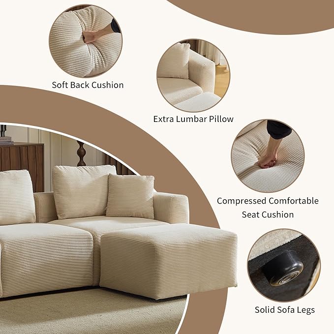 Karl home Modular Cloud Couch with Ottoman 112.2" Corduroy Sectional Sofa L-Shaped Modern Sofa Couch with Pillows for Living Room, Bedroom, Apartment, Creamy