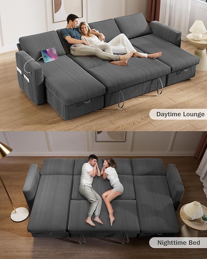 Vipbear 104" Sectional Sleeper Sofa Bed with Pull Out Bed, U Shaped Couch Pull Out Couch with Reclining Backrest, Reversible Storage Chaise, USB Ports, Tool-Free Assembly, Corduroy Grey