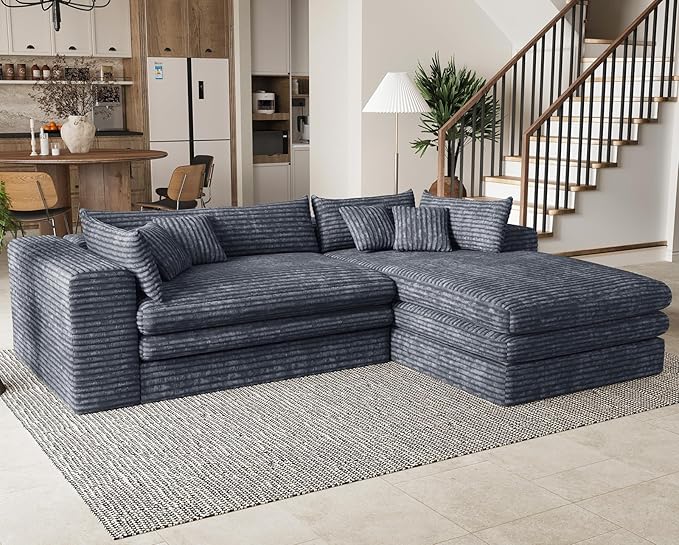 Belffin Boneless Cloud L Shaped Couch with Deep Seat Plush Corduroy Boneless Modular Cloud Sectional Couches for Living Room. Right Facing Chaise. Grey Sofa