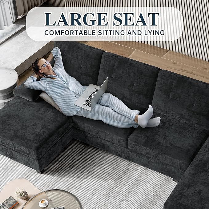 Meilocar Sectional Couches for Living Room, 106 in U Shaped Couch Soft Sectional Sofa with Double Chaise, Comfortable 4 Seat Sofa Couch (Black)
