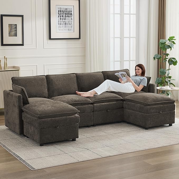 105" Cloud Modular 4 Seater Sofa with 2 Storage Ottoman, Modern Upholstered Sofa Storage Sofa Couch Deep Seat, U Shape Sectional Sofa Chenille Comfy Couch with Armrests for Living Room, Brown | Modular Sofa, 2 Storage Ottoman, Upholstered Sofa, Section...