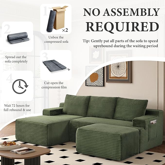 96" Sectional Couches for Living Room Cloud Couch Sofa with L-Shape Upholstered Boneless Couchs Modern Modular Sectional Couch with Chaise (Green, 96" W+Left Facing Chaise+2Seaters+Ottoman)