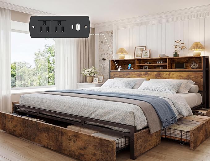 EnHomee King Size Bed Frame with 6 Storage Drawers King Bed Frame and Headboard, Storage Bed with Charging Station, No Noise,No Box Springs Needed,Vintage Brown