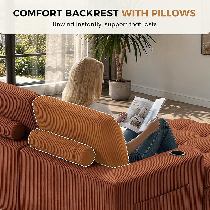 144" U Shaped Cloud Boneless Couch,Modern Modular Sectional Sofa with Layered Cushion,No Assembly Convertible Corduroy Couches for Living Room,Caramel 1 PCS