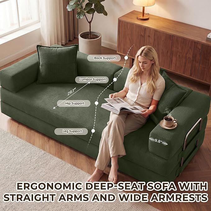 78 Inch Convertible Sofa Bed, 5-in-1 Futon Sofa Bed Pull Out Couch, Boneless Couch Bed for Living Room, Corduroy Boneless Couches for Bedroom, Apartment, No Assembly Sleeper Sofa Bed, Green | 4 Fixed-Shape Frame, Removable Corduroy, High-density foam, ...