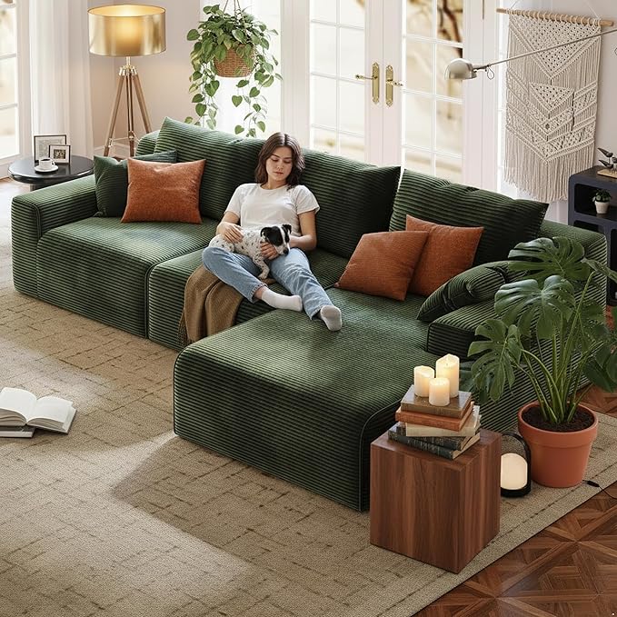 97" Cloud Couch Sectional, L-Shaped Corduroy Fluffy Modular Sofa with Deep Seat, Boneless Comfy Couches for Living Room,Bedroom,Right Facing Chaise, No Assembly Required (Green)