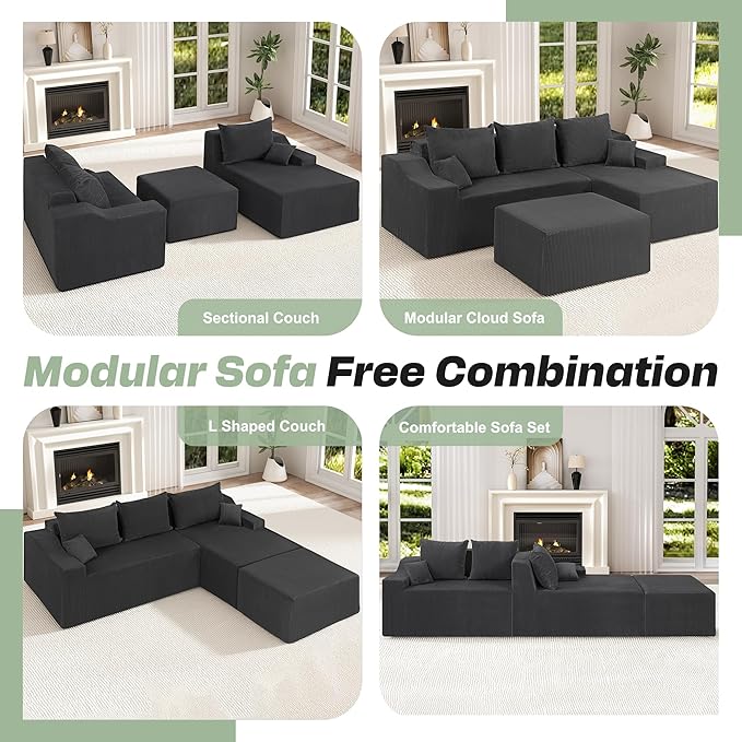 HABUTWAY U Shaped Modular Sectional Couch for Living Room, Modular Cloud Sofa with Ottoman, No Assembly Boneless Couches with Deep Seat, Corduroy Fabric (Grey, Right Facing)