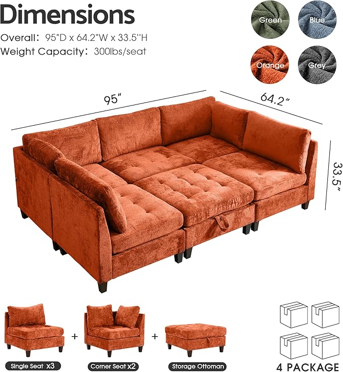 Luxe Oversized Modular Sectional Sofa Set，Modern Chenille Comfy Sectional Cloud Couch for Living Room (5-Seater + 1*Ottoman+ Tea Tray, Orange)