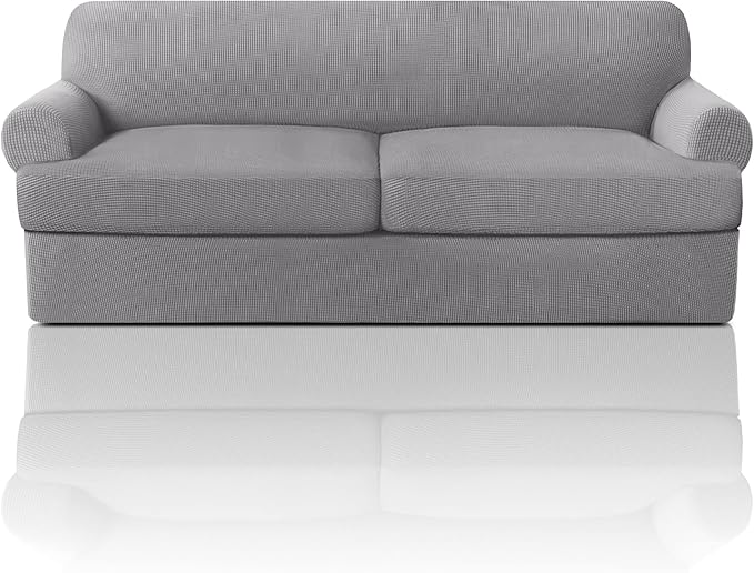 PrinceDeco T Cushion Sofa Slipcover 3 Pieces Sofa Covers for T Cushion Couch Soft Couch Covers Sofa Slip Cover Furniture Covers with 2 Individual T Shape Seat Covers Width Up to 88", Dove