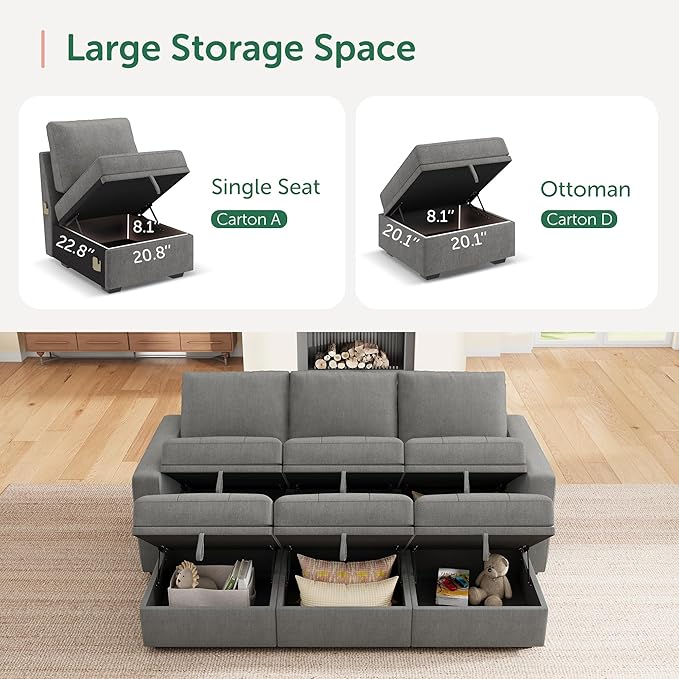 HONBAY Modular Sectional Couch Sleeper Sofa Bed with Storage Seats Oversized Sectional Couches for Living Room,Warm Grey