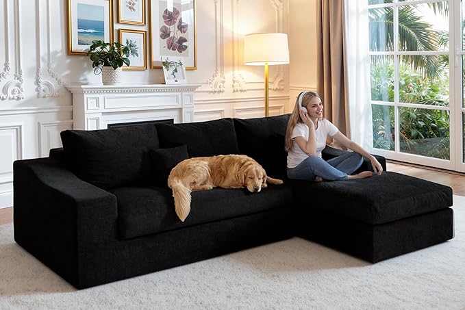 HABUTWAY 101'' Modular Sectional Sofa, Cloud Sectional Couches for Living Room, Comfy Boneless Couch with Deep Seat, Modern L-Shape Sofa with Chaise, No Assembly Required (Black, Right Facing Chaise)