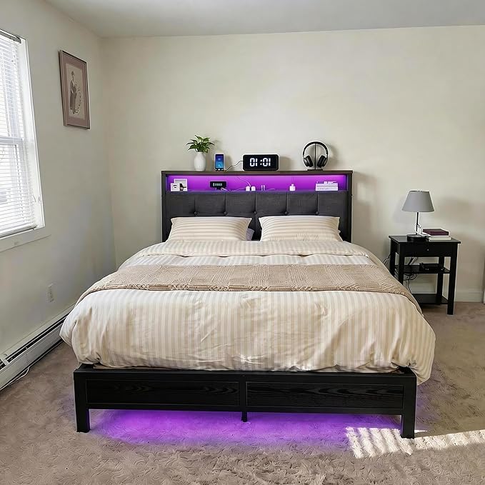 Homkdom Queen Bed Frame with LED Lights Grey Upholstered Headboard with Charging Station, Type C& 2-Tier Storage Shelves,Metal Platform Bed with 12" Under-Bed Storage, Noise-Free, Black