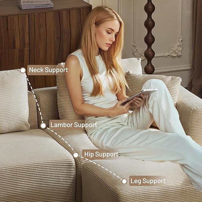 Karl home 112" Sectional Couch with Movable Ottoman, Modern Corduroy Cloud Sofa Set with Deep Seat, Convertible L-Shape Boneless Couch for Living Room, Apartment, Studio, Khaki