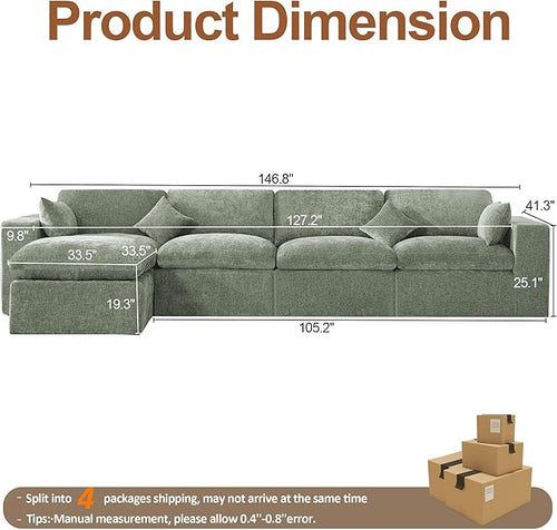 146''Cloud Boneless Sectional Couch, Modular Sectional Sofa Deep Seat with Ottoman, Oversized Upholstered Convertible Comfy 5 Seater Chenille Sofa L Shape Couches for Living Room, Green