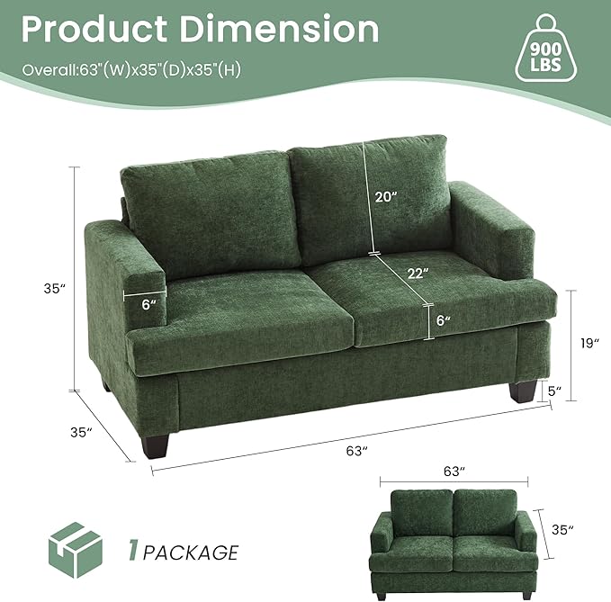 YOUDENOVA Sofa, 63” Comfy Loveseat Sofa with Deep Seats, Couch for Living Room, Modern Sleeper Couch, Green Chenille