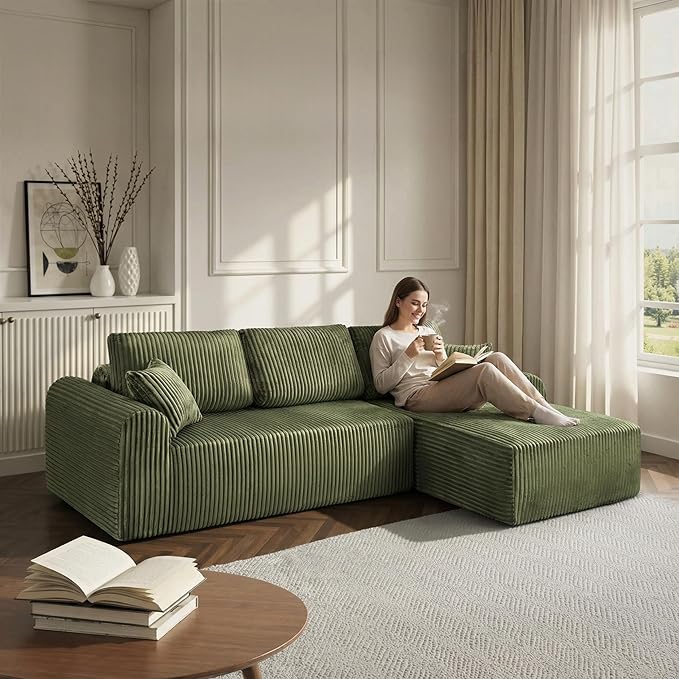 109“L-Shaped Sectional Sofa Boneless Couch Upholstery Cloud Modular Couch with Chaise No Assembly Required Corduroy Fabric Combination Deep Seat Living Room Bedroom(Green, Right Hand Facing)