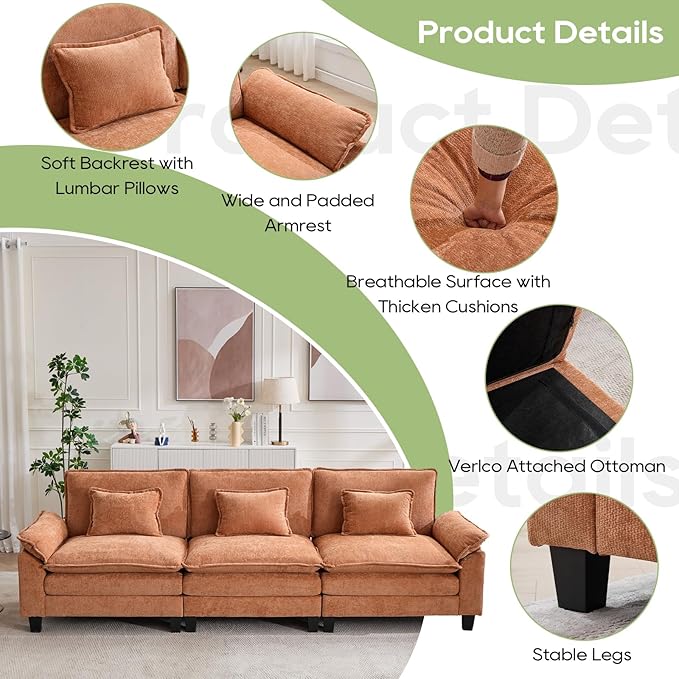 120" Modular Sectional Sofa, Comfy Cloud Couch Sectional, Chenille Sofa Sleeper Deep Seat Sofa with Throw Pillows for Living Room (Orange, 120"- 3 Seater)