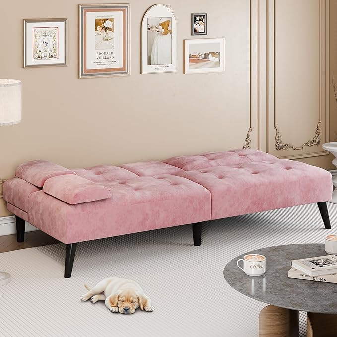 Meilocar Futon Sofa Bed, Modern Convertible Sofa Couch Recliner, 64 in Adjustable Sofa Bed for Living Room, Removable Armrest Pillow, 2 Cup Holders, 3 Angles Back, 5.3FT, Pink
