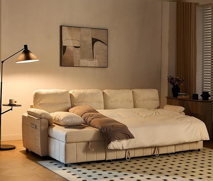 Tbfit 108'' Pull Out Sofa, Cloud Sleeper Sofa Bed with USB & 2 Storage Chaises, Comfy Oersized U Shaped Convertible Sectional Sleeper Couches for Living Room, Apartment, Office, Beige