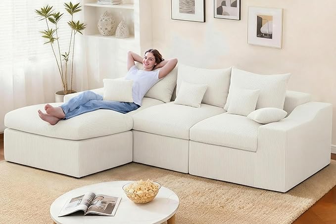 HABUTWAY 104" L Shaped Cloud Sectional Couch, Boneless Modular Sectional Sofa with Deep Seat, Corduroy Couches for Living Room, Modular Couch, No Assembly Required (Beige)