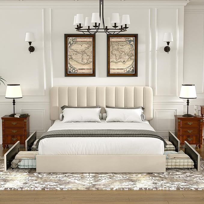 VECELO Queen Size Upholstered Bed Frame with 4 Drawers and Headboard, Velvet Platform Storage Bedframe, Wooden Slats Support, No Box Spring Needed, Beige