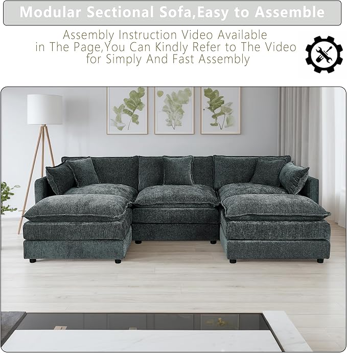 Setawix Deep 3 Seater Couch with Ottomans,112.2" U-Shaped Cloud Couches for Living Room,Chenille Cloud Sofa Couch with Deep Seat,Modular Sectional U Shape 3 Seat Sofa for Bedroom (Grey, 3+2)