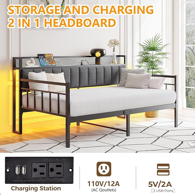 BOFENG Metal Daybed Frame Twin Size Platform Daybed with Charging Station,LED Lights,Metal Sofa Bed Frame for Living Room,Bedroom,Guest Room,Heavy Duty Metal Slats,Noise Free,Black