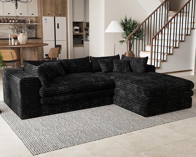 Belffin Boneless Cloud L Shaped Couch with Deep Seat Plush Corduroy Boneless Modular Cloud Sectional Couches for Living Room. Right Facing Chaise. Black Sofa