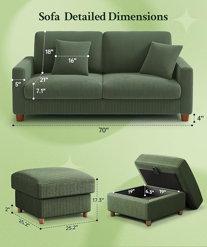 70.2" Couches for Living Room, Comfy L Shaped Couch Green 7.1" Thicker Cushion, Sofas for Living Room Tool-Free Setup, Loveseat with Ottoman 705lbs Support, Corduroy Couch for Bedroom, Office