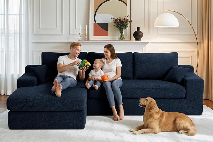 HABUTWAY 101'' Modular Sectional Sofa, Cloud Sectional Couches for Living Room, Comfy Boneless Couch with Deep Seat, Modern L-Shape Sofa with Chaise, No Assembly Required (Blue, Left Facing Chaise)