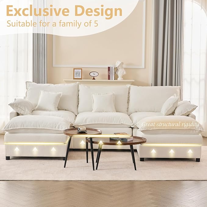 108" U Shaped Couch, Modular Sectional Sofa, 3-Seater Comfy Cloud Couch, Set of Modular Pieces with Movable Ottoman, Deep Seat Couches for Living Room, Chenille, Ivory