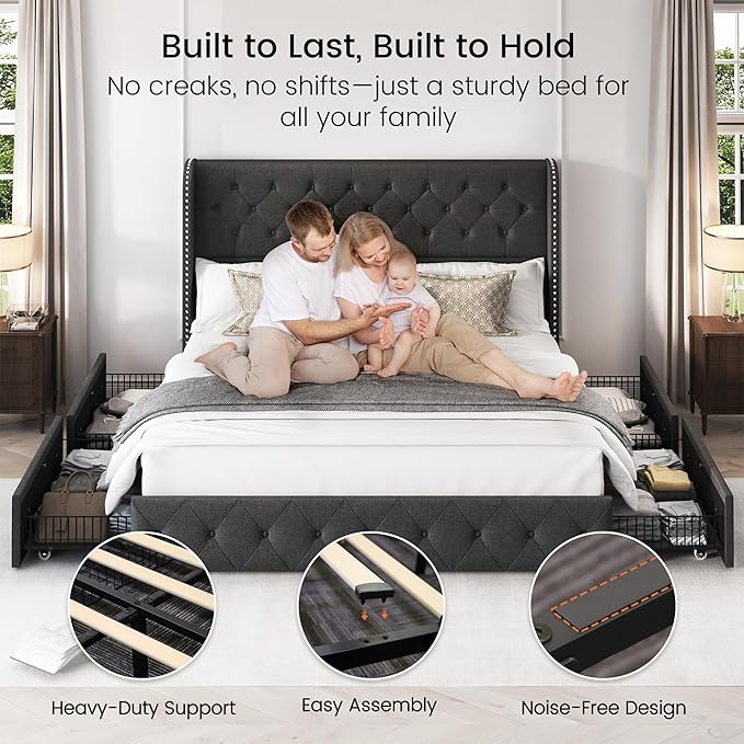 LARMACE King Size Platform Bed Frame with 4 Storage Drawers and 47.2" Tall Tufted Headboard Linen Upholstered Bed Wingback Bed Frame with Wooden Slats Support, Easy Assembly, Dark Grey