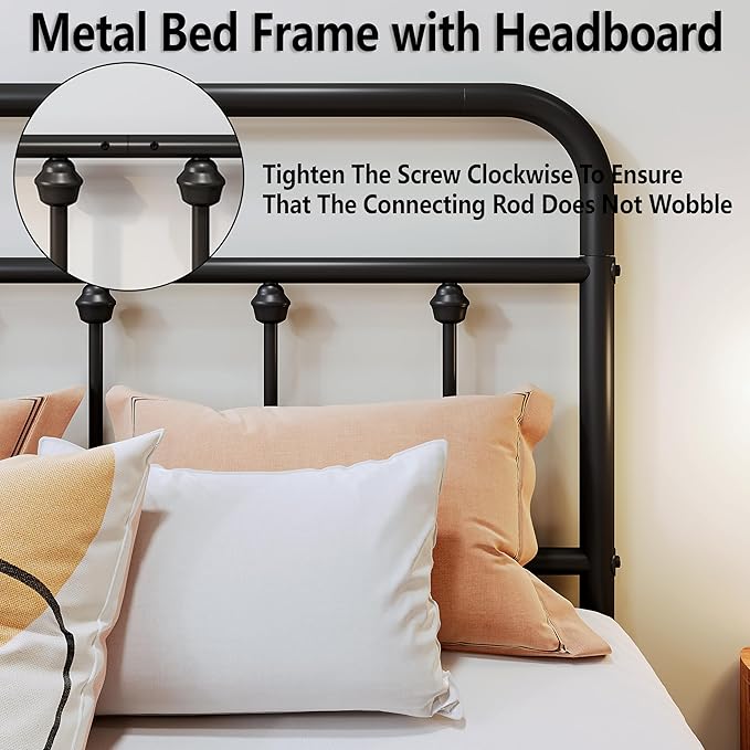 Vengarus Metal Bed Frame,Twin Size Bed Frame with Headboard,Structurally Stable, Heavy Duty Steel Slat Supported,Under Bed Storage,No Box Spring Needed,14 Inch,Black