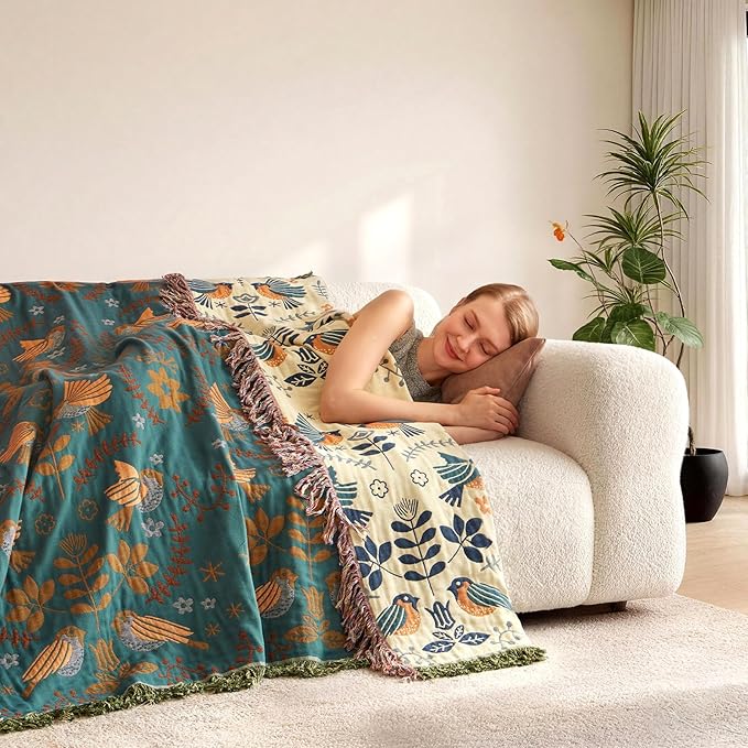 Boho Throw Blanket for Bed 100% Cotton Soft Lightweight Quilt Blanket Bird Floral Embroidery Spring Room Decor Large Bed Blankets,90"x98" All Season Rustic Throw for Sofa Couch Chair