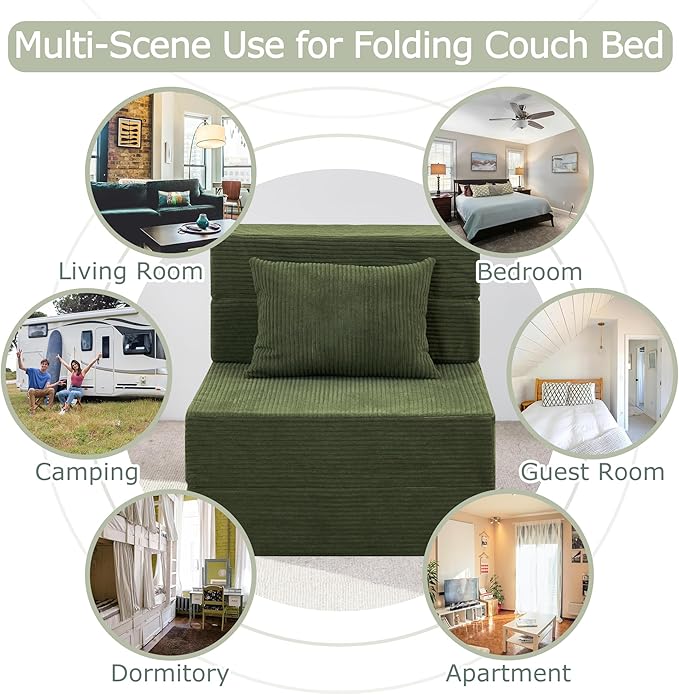 Folding Sofa Bed, 4 in 1 Convertible Sleeper Chair with Pillow, Single Memory Foam Fold Out Chair Bed, Modern Floor Futon Sofa Couch Mattress for Living Room/Guest/Apartment, Green | Convertible, Compressed sofa, Large storage bag
